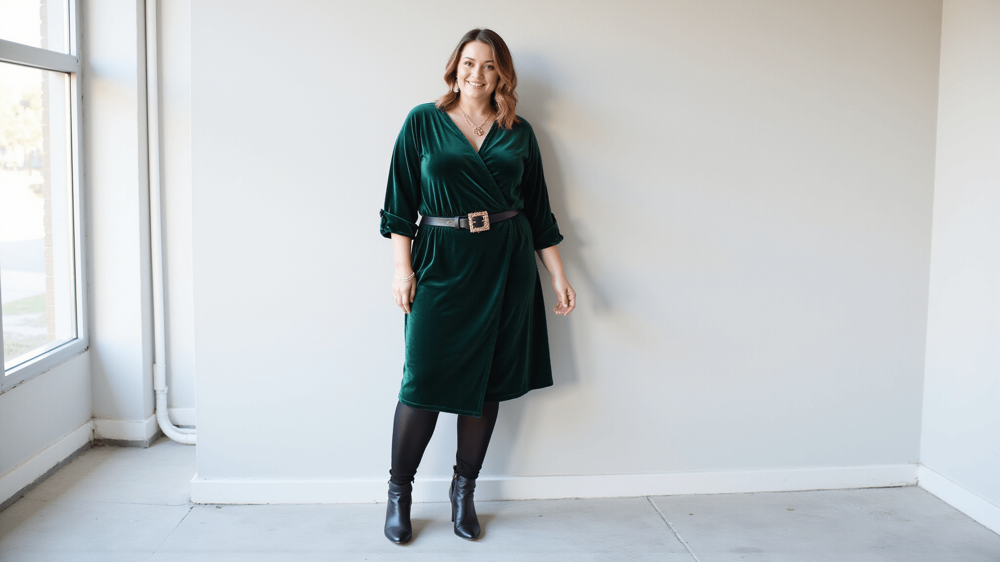 Plus-size model in an emerald velvet wrap dress styled with black fleece-lined tights, knee-high leather boots, a gold statement belt, and delicate gold jewelry against a minimalist backdrop, showcasing an elegant winter formal look.