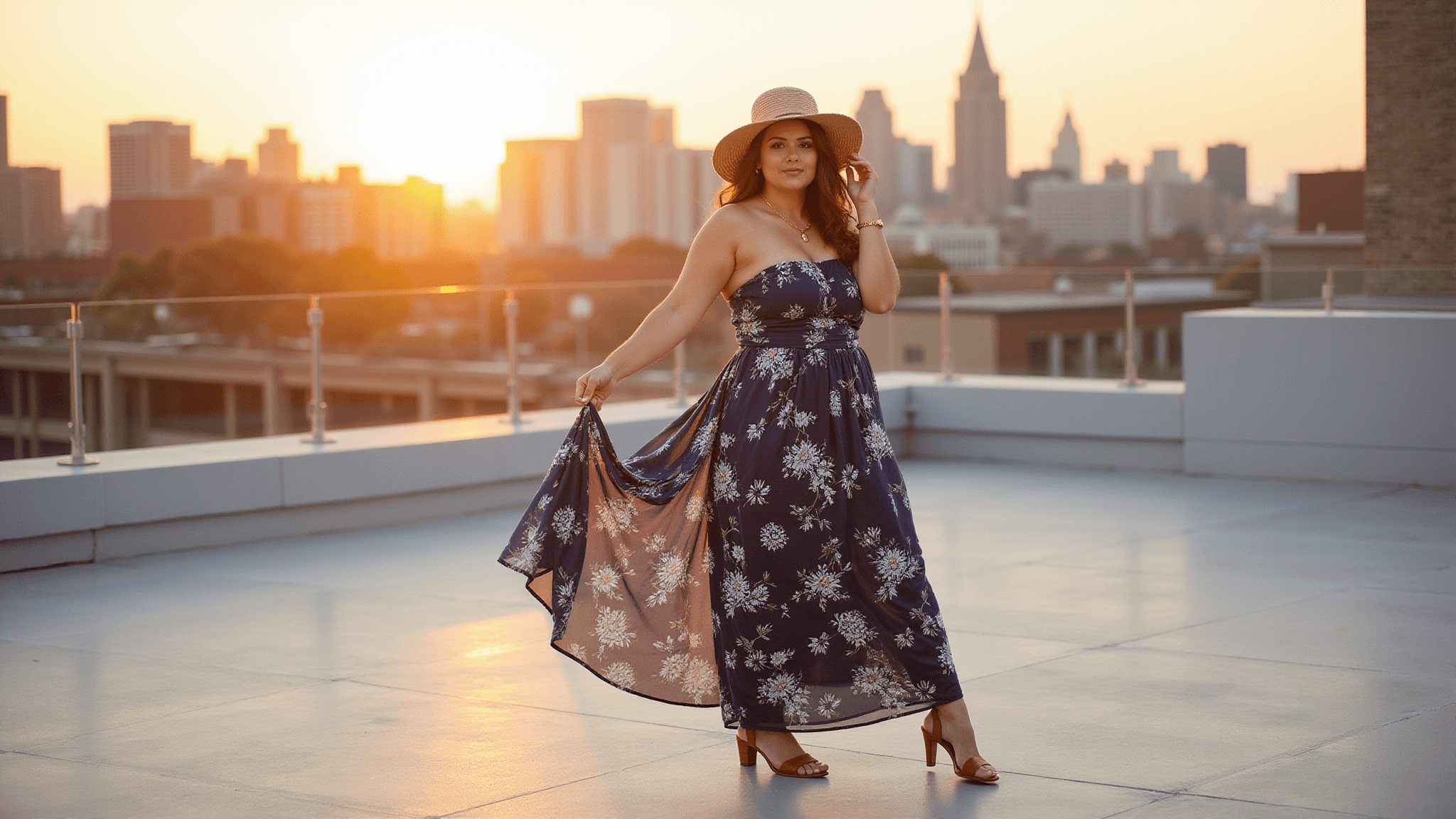 Plus-size model wearing a flowing navy blue botanical print maxi dress on a sun-drenched urban rooftop at golden hour, accessorized with a wide-brimmed straw hat and gold jewelry, with a blurred city skyline in the warm sunset background.