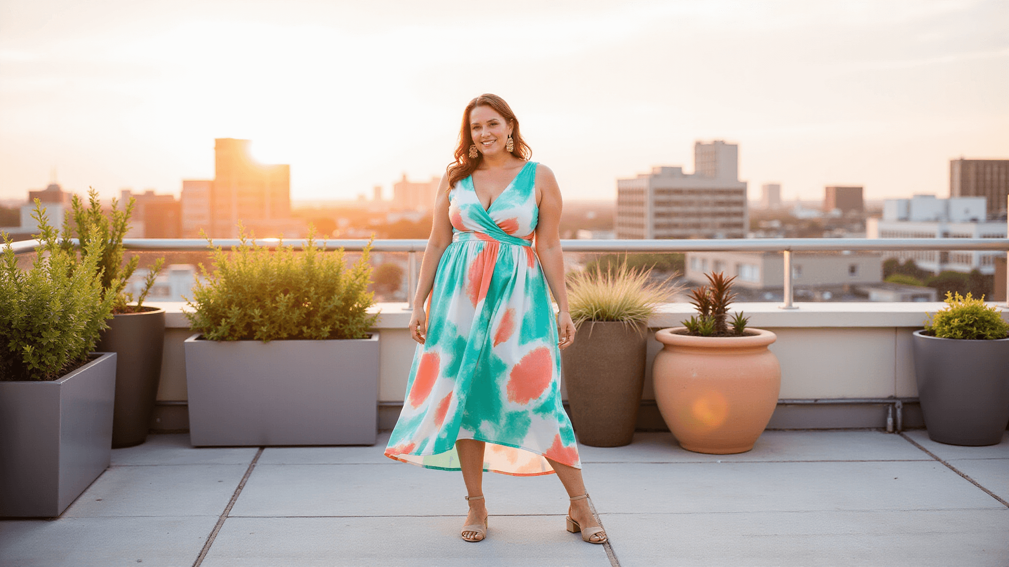Plus-size model in a flowing watercolor print maxi dress on a NYC rooftop at sunset, featuring coral and turquoise colors, statement gold earrings, and nude sandals.