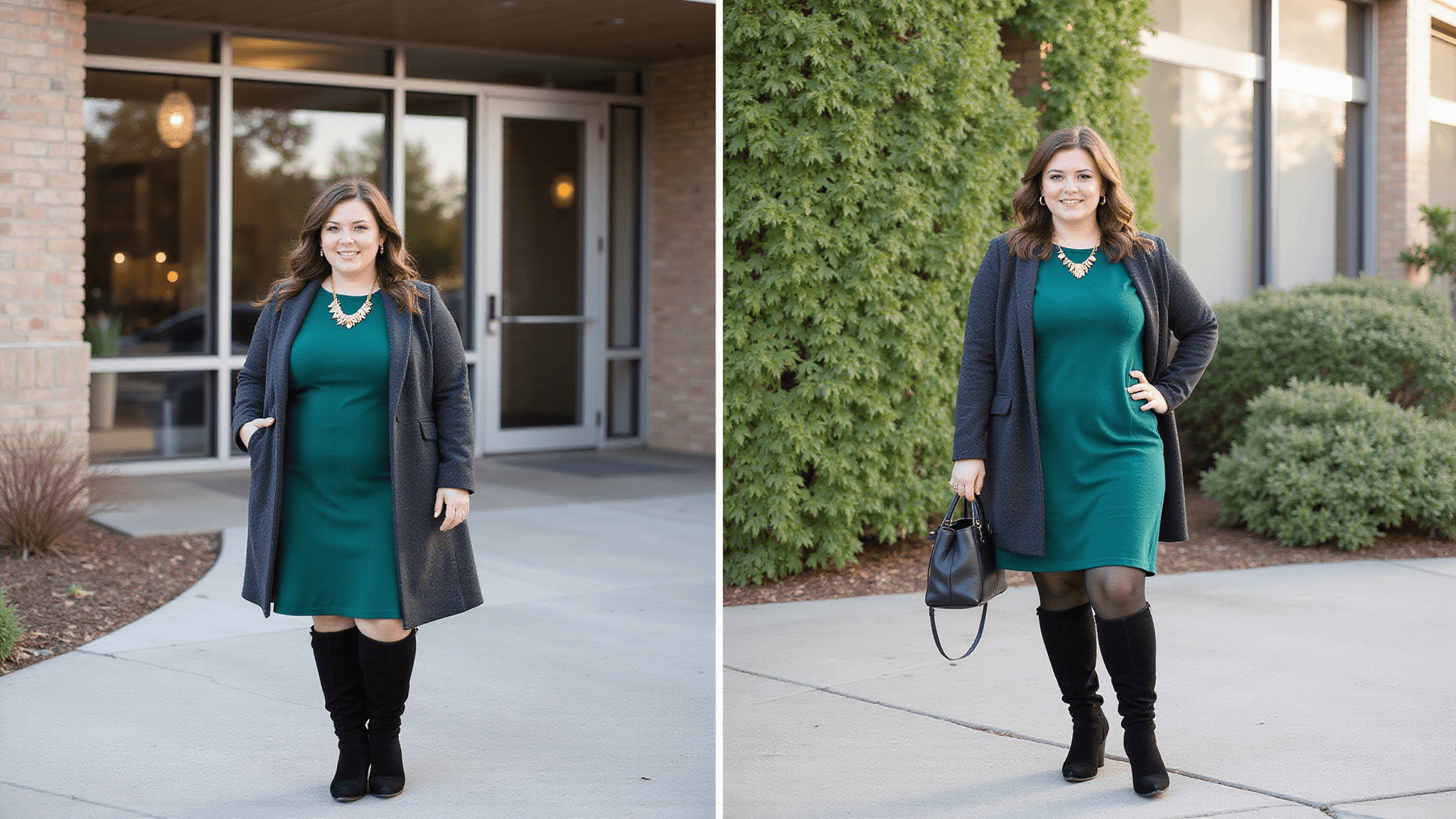 Plus-size model wearing an emerald sweater dress with black boots and a charcoal coat, accessorized with gold jewelry, posed in a sunlit boutique with warm natural light.