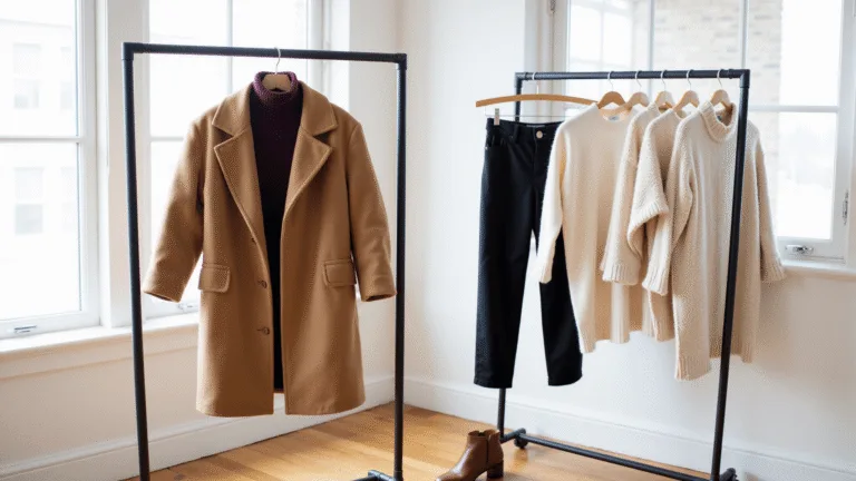 A sunlit minimalist bedroom showcasing a curated plus-size winter capsule wardrobe on sleek racks, featuring a burgundy turtleneck, camel wool coat, oversized cream knit sweaters, black ponte pants, and cognac leather boots, with natural light creating soft shadows and highlighting rich textures.