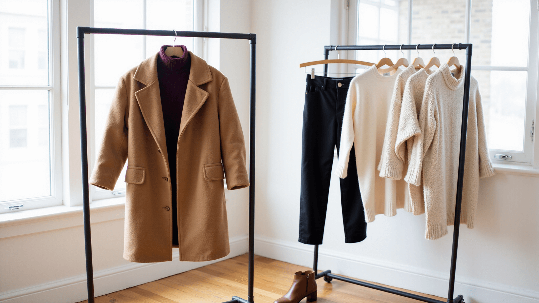 A sunlit minimalist bedroom showcasing a curated plus-size winter capsule wardrobe on sleek racks, featuring a burgundy turtleneck, camel wool coat, oversized cream knit sweaters, black ponte pants, and cognac leather boots, with natural light creating soft shadows and highlighting rich textures.