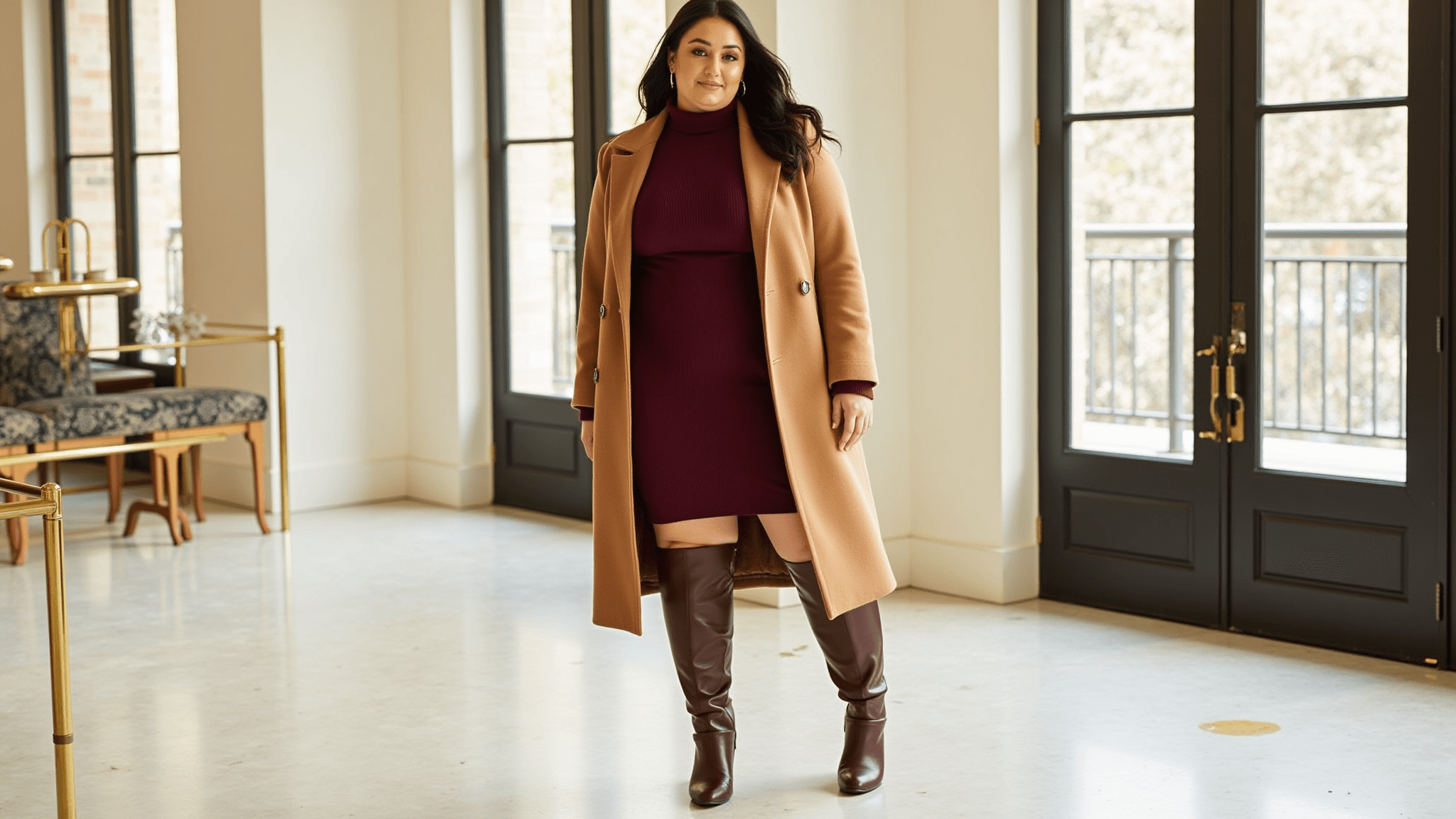 Plus-size model in a cozy urban studio wearing a camel wool peacoat over a burgundy turtleneck sweater dress, paired with brown leather boots, showcasing elegant winter fashion with warm natural lighting and minimalist decor.