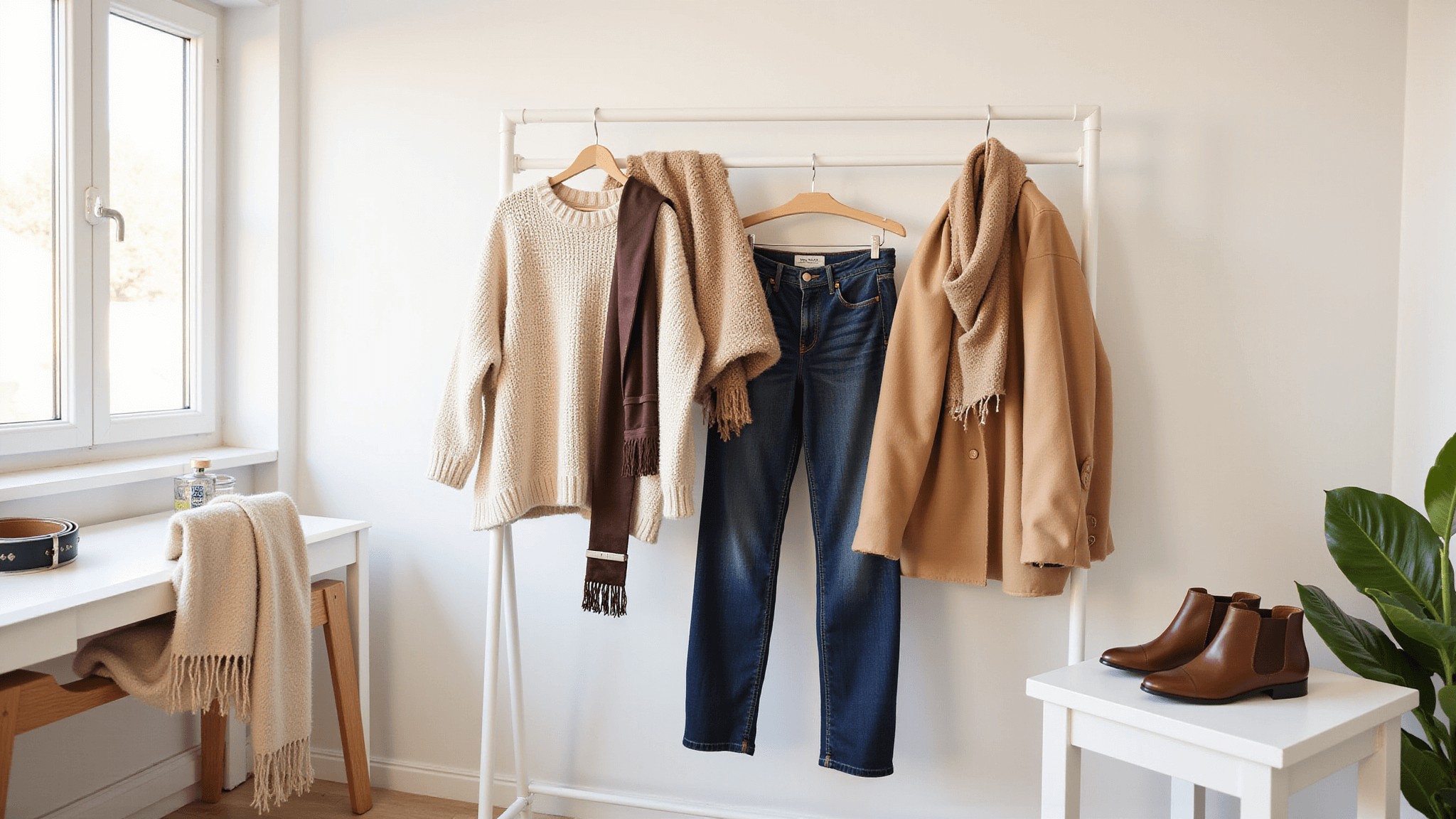 A bright dressing room featuring plus-size winter fashion essentials, including a cream sweater, dark wash jeans, brown leather boots, and a camel wool coat, with accessories like chunky scarves displayed on a minimalist vanity.