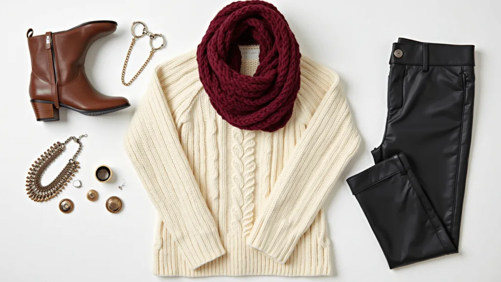 Plus size winter fashion flatlay featuring a cream cable-knit oversized sweater, black faux leather leggings, brown knee-high boots, and a chunky knit burgundy scarf on a white background, with mixed metal jewelry and soft natural lighting.