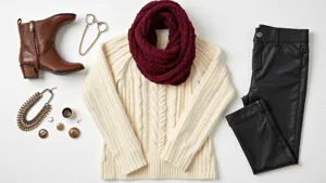 COZY AND CUTE WINTER OUTFITS FOR PLUS SIZE FASHIONISTAS Plus size winter fashion flatlay featuring a cream cable-knit oversized sweater, black faux leather leggings, brown knee-high boots, and a chunky knit burgundy scarf on a white background, with mixed metal jewelry and soft natural lighting.