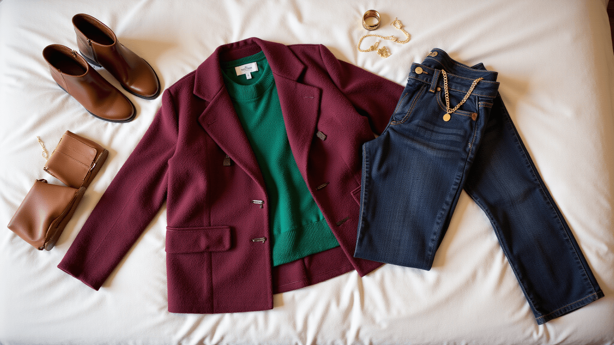 Cozy flatlay of a burgundy wool coat, emerald green sweater, dark wash jeans, and leather boots on a plush white bedspread, accented with gold jewelry in warm lighting.