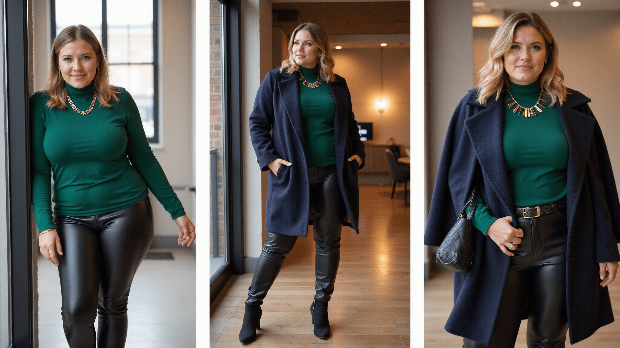 Confident plus-size model showcasing layered winter fashion in an emerald turtleneck, faux leather leggings, and a tailored navy wool coat, styled with knee-high boots and gold accessories in a warmly lit boutique setting.