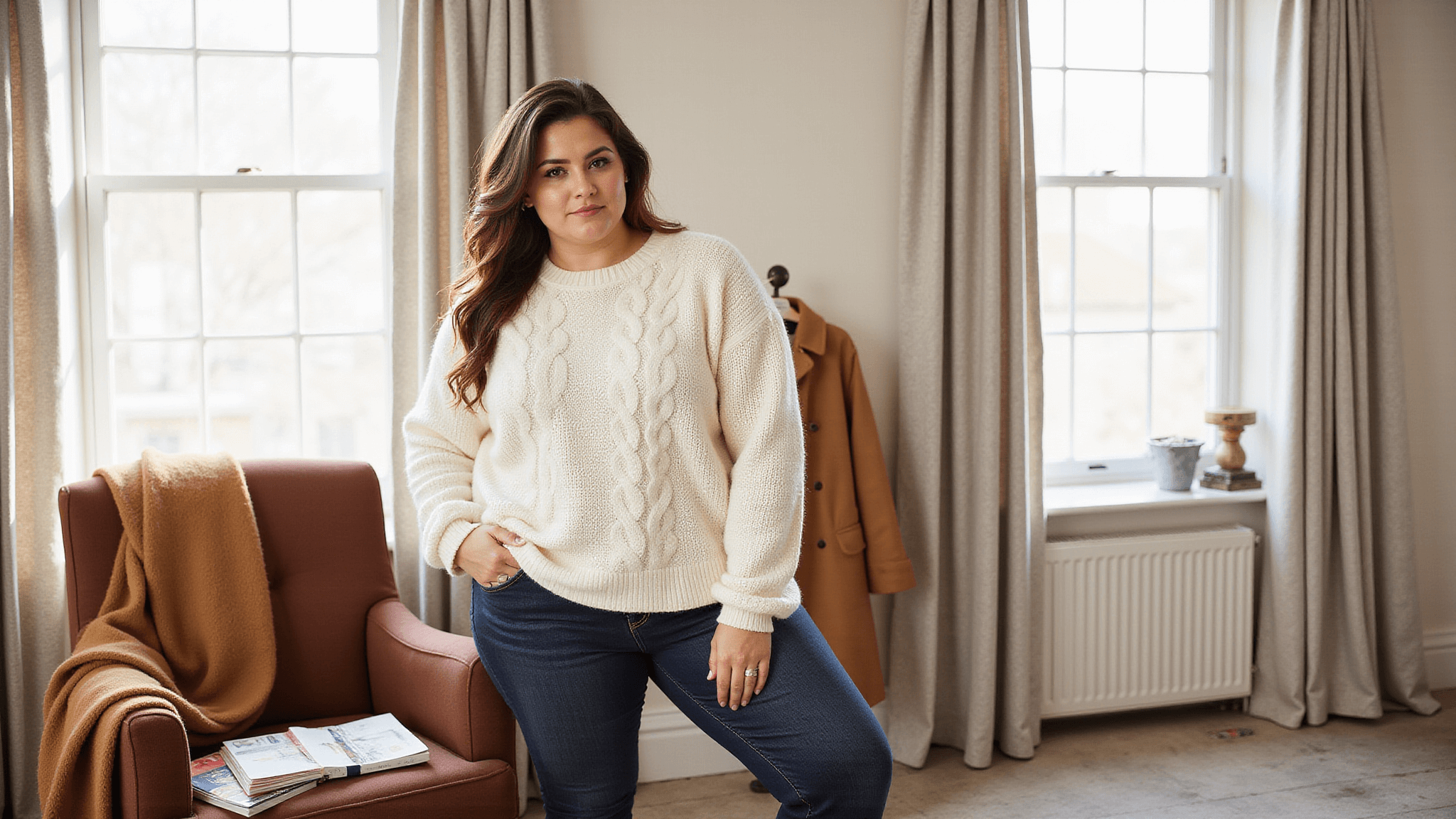 Plus-size model in a cream oversized cable-knit sweater and dark skinny jeans poses in a cozy studio with natural morning light, surrounded by neutral decor and fashion magazines.