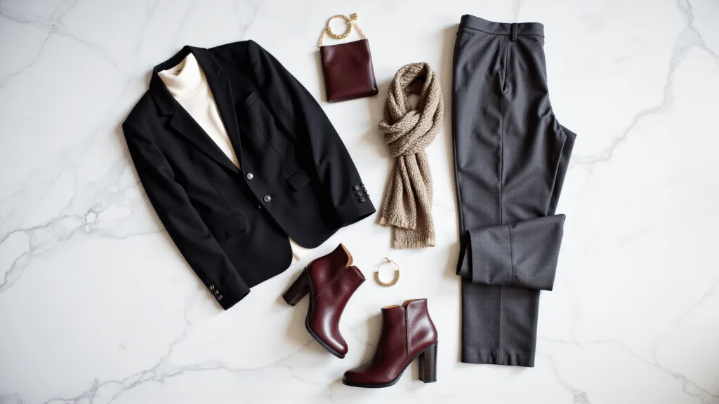 Flatlay of plus-size winter workwear on a marble surface, including a structured black blazer, cream turtleneck, high-waisted charcoal trousers, burgundy leather boots, gold accessories, and a statement scarf, captured in natural lighting with dramatic shadows.
