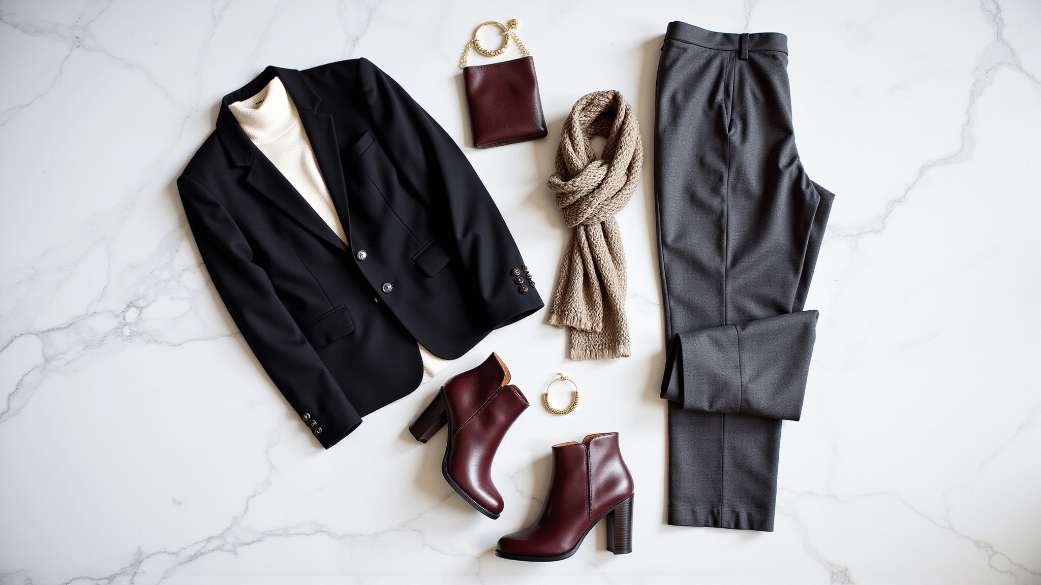 Flatlay of plus-size winter workwear on a marble surface, including a structured black blazer, cream turtleneck, high-waisted charcoal trousers, burgundy leather boots, gold accessories, and a statement scarf, captured in natural lighting with dramatic shadows.