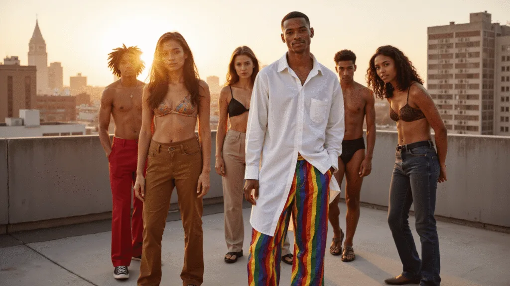 Your Ultimate Guide to Pride Fashion 2025: Express Yourself in Style! A diverse group of models on a rooftop during golden hour, featuring a central model in a white oversized shirt and rainbow-striped wide-leg pants, with the city skyline in the background, capturing a dreamy, warm atmosphere and showcasing pride fashion elements.