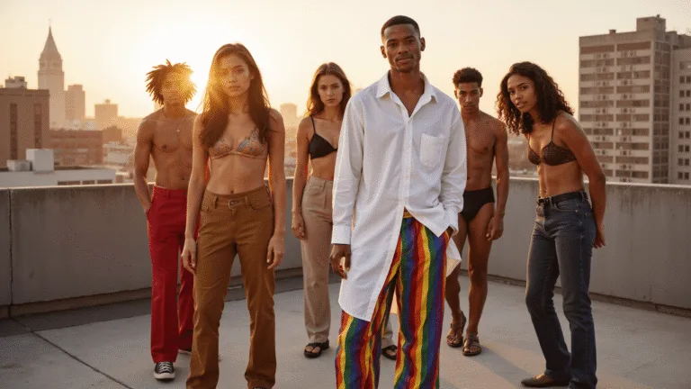 A diverse group of models on a rooftop during golden hour, featuring a central model in a white oversized shirt and rainbow-striped wide-leg pants, with the city skyline in the background, capturing a dreamy, warm atmosphere and showcasing pride fashion elements.