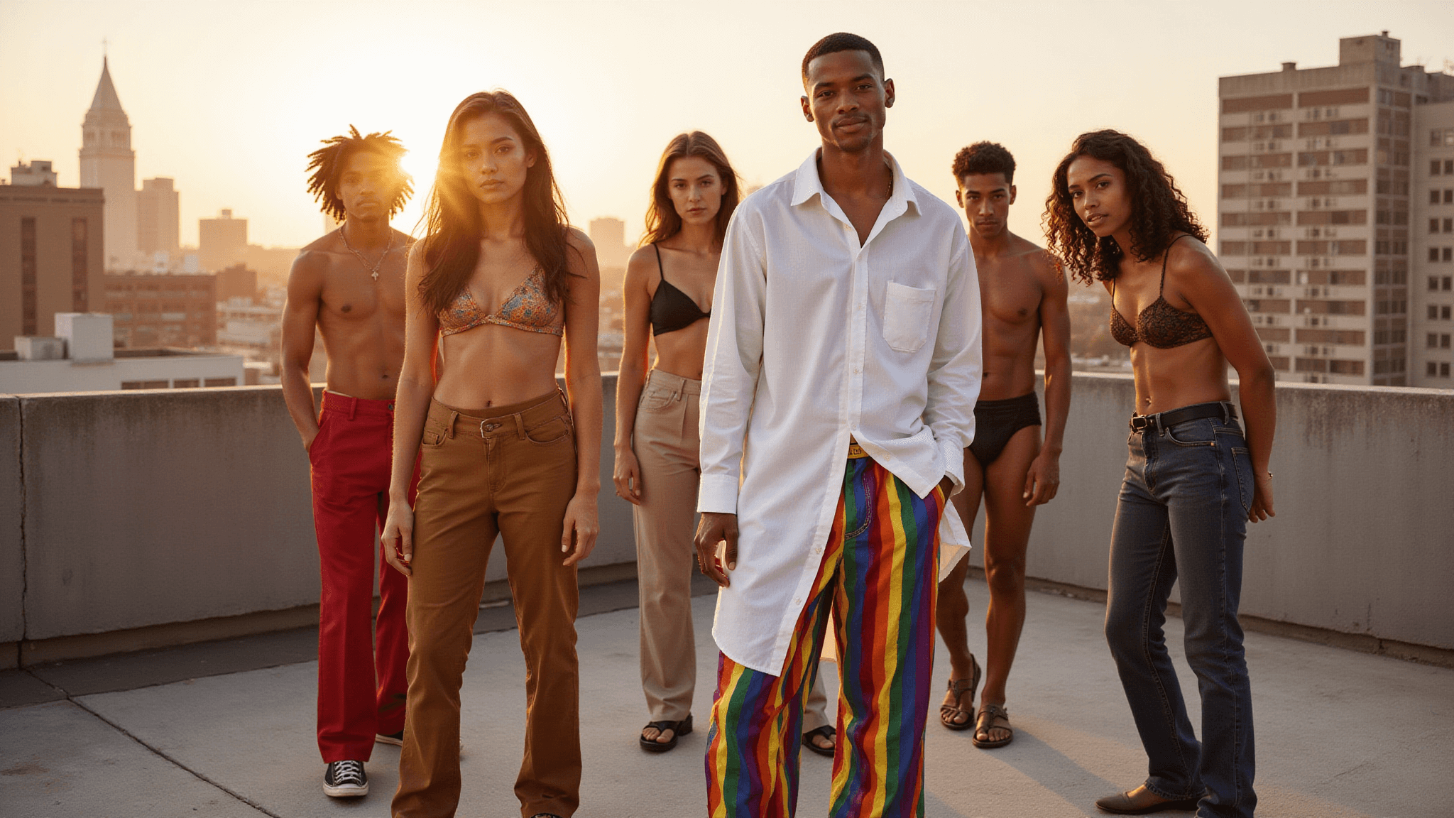 A diverse group of models on a rooftop during golden hour, featuring a central model in a white oversized shirt and rainbow-striped wide-leg pants, with the city skyline in the background, capturing a dreamy, warm atmosphere and showcasing pride fashion elements.