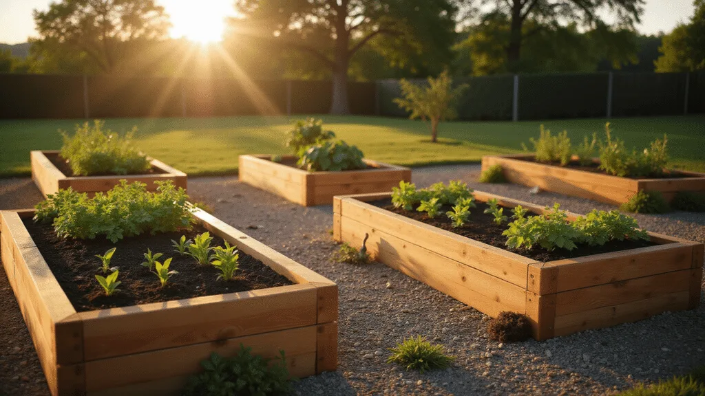 Raised Garden Beds: Your Ultimate Guide to Elevated Gardening Success A photorealistic wide shot of four geometric cedar raised garden beds in a grid pattern, bathed in golden hour sunlight, featuring organized rows of freshly planted vegetables and pathways of crushed gravel, surrounded by blurred trees and a manicured lawn.