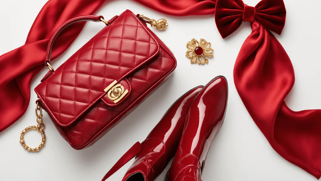 10 Red Outfit Ideas That'll Make You Feel Like a Style Queen A luxurious flat lay of rich red fashion accessories including a quilted leather handbag, patent leather boots, a flowing silk scarf, a velvet hair bow, and bold red lipstick, accented with delicate gold jewelry, arranged on a white background with soft lighting.