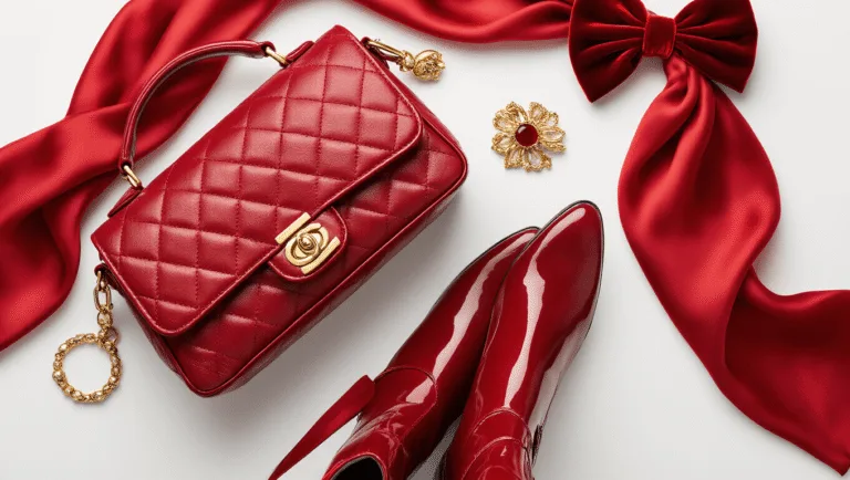 A luxurious flat lay of rich red fashion accessories including a quilted leather handbag, patent leather boots, a flowing silk scarf, a velvet hair bow, and bold red lipstick, accented with delicate gold jewelry, arranged on a white background with soft lighting.