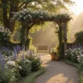 Photorealistic wide-angle shot of a dreamy English cottage garden at golden hour, featuring a weathered wooden arbor draped with blush pink 'New Dawn' roses, gravel paths, vibrant beds of David Austin roses, delphiniums, and foxgloves, with dappled sunlight creating a magical bokeh effect, vintage copper watering can, terracotta pots, and an intimate garden bench among lush greenery.