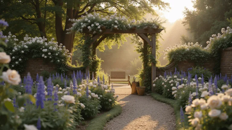 Photorealistic wide-angle shot of a dreamy English cottage garden at golden hour, featuring a weathered wooden arbor draped with blush pink 'New Dawn' roses, gravel paths, vibrant beds of David Austin roses, delphiniums, and foxgloves, with dappled sunlight creating a magical bokeh effect, vintage copper watering can, terracotta pots, and an intimate garden bench among lush greenery.