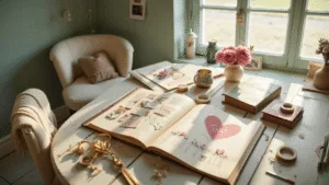 How to Create a Heartwarming Anniversary Scrapbook That'll Make Your Partner Swoon A bright crafting room filled with warm sunlight, featuring a vintage desk with an open scrapbook, scattered craft supplies, and a cozy armchair, all set against mint green walls adorned with string lights and polaroids.