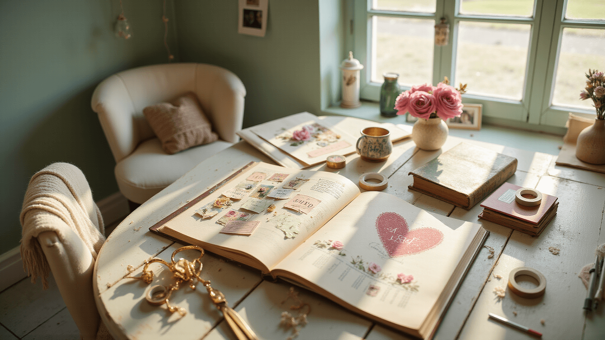 A bright crafting room filled with warm sunlight, featuring a vintage desk with an open scrapbook, scattered craft supplies, and a cozy armchair, all set against mint green walls adorned with string lights and polaroids.