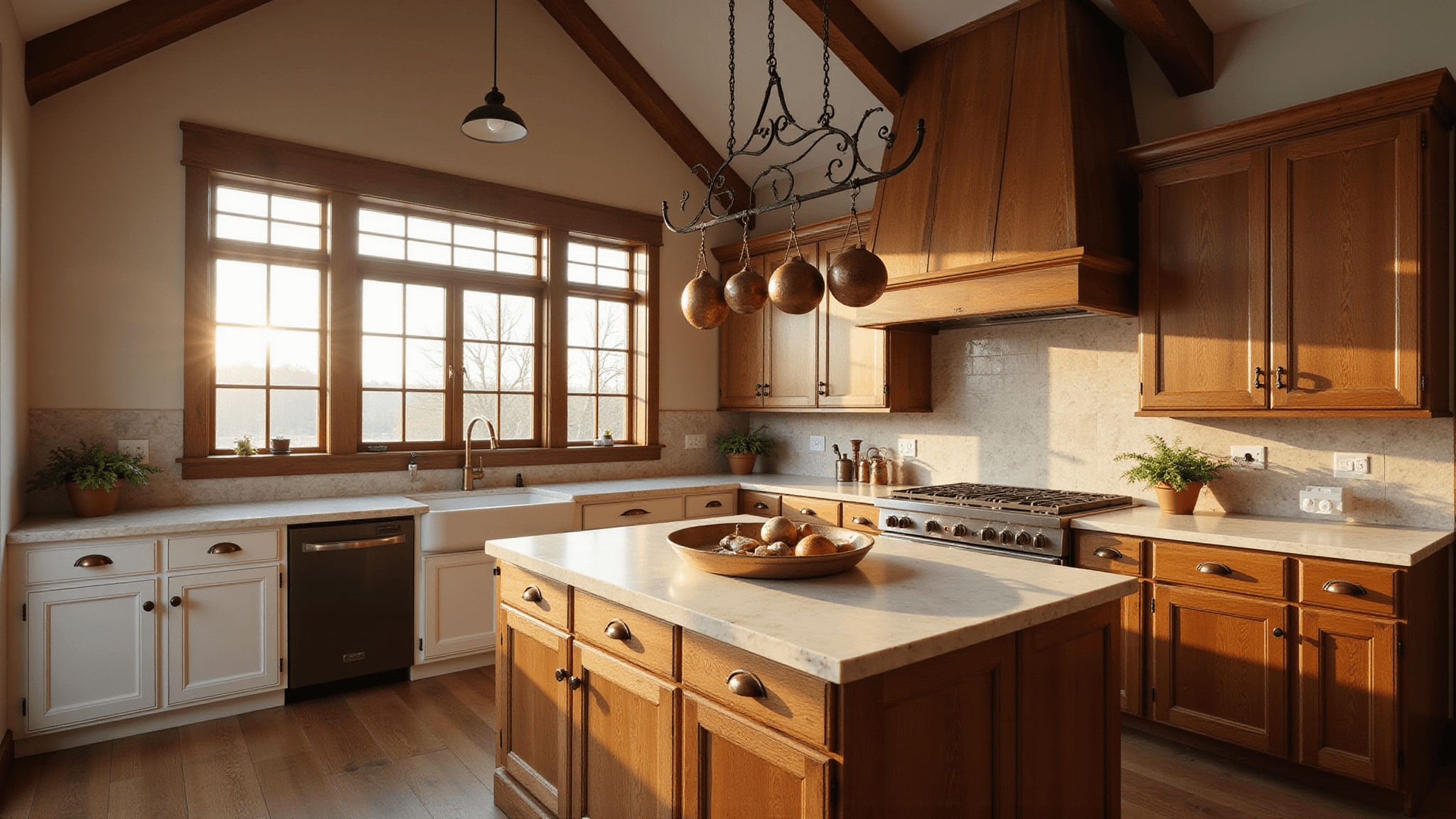 A rustic farmhouse kitchen illuminated by warm golden hour sunlight, featuring reclaimed oak cabinets, a distressed wood island with a cream marble top, and vintage copper pots hanging above. Exposed wooden beams frame the cathedral ceiling, while white shaker-style cabinets and a farmhouse sink complete the inviting ambiance. Fresh herbs and vintage cooking tools add authentic touches, captured in photorealistic detail.