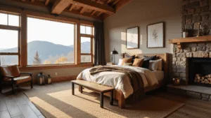 Rustic Bedroom Ideas: Transform Your Space into a Cozy Mountain Retreat Cozy mountain retreat bedroom with a king-sized bed, reclaimed wood headboard, and soft natural lighting, featuring a stone fireplace, distressed leather armchair, and vintage copper lanterns.