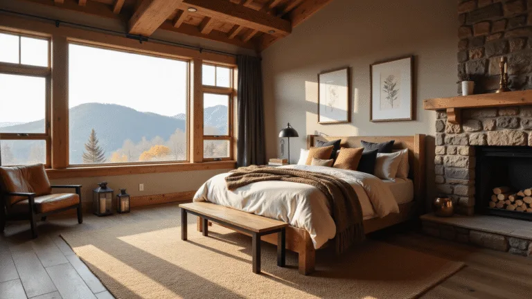Cozy mountain retreat bedroom with a king-sized bed, reclaimed wood headboard, and soft natural lighting, featuring a stone fireplace, distressed leather armchair, and vintage copper lanterns.