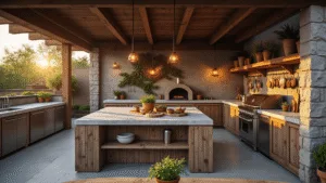 Rustic Outdoor Kitchen Ideas: Transform Your Backyard into a Charming Culinary Retreat A breathtaking wide-angle view of a luxurious rustic outdoor kitchen at golden hour, highlighting a granite island, wood-fired pizza oven, and ambient lighting, surrounded by natural elements.