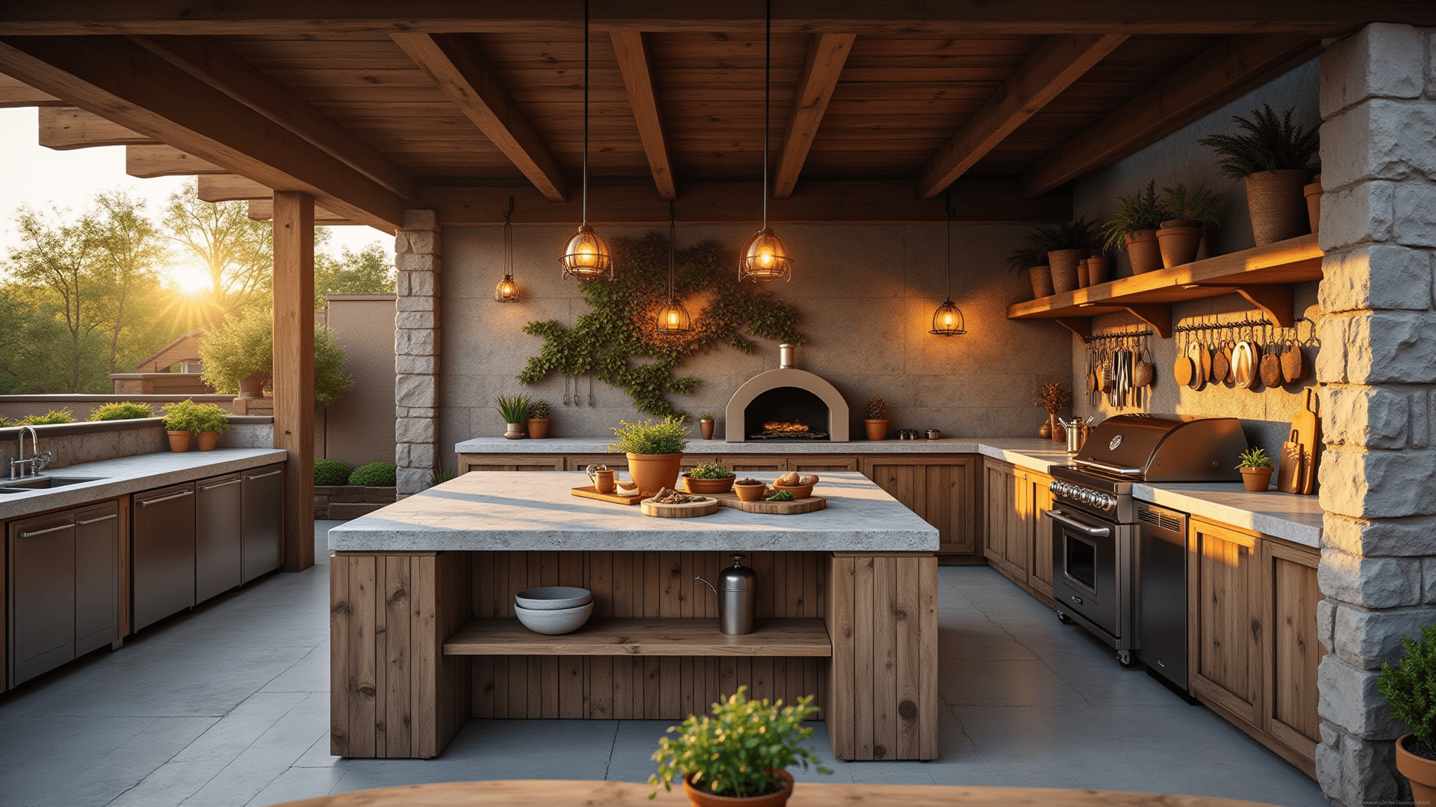 A breathtaking wide-angle view of a luxurious rustic outdoor kitchen at golden hour, highlighting a granite island, wood-fired pizza oven, and ambient lighting, surrounded by natural elements.