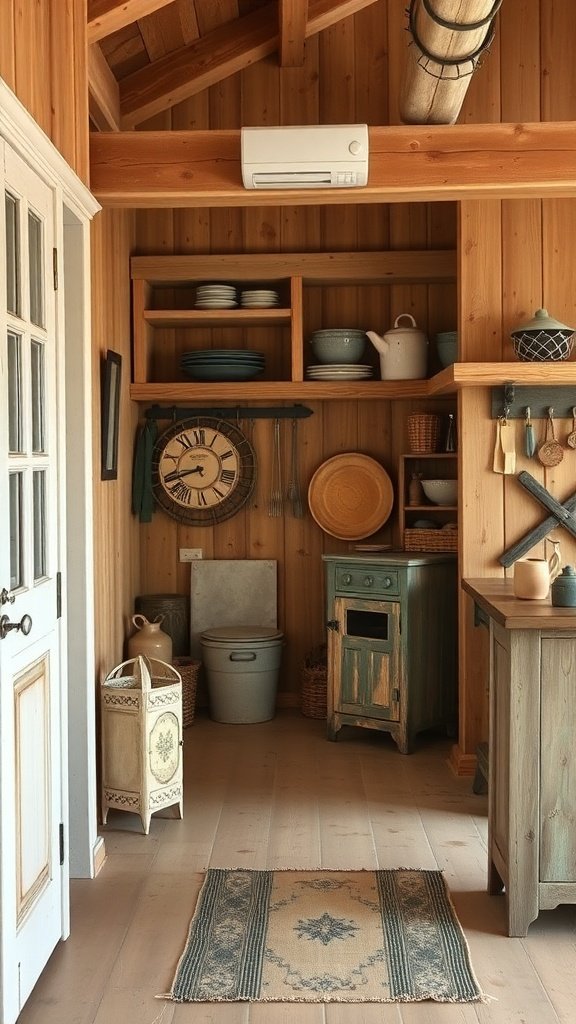 Interior of a rustic farmhouse kitchen with wooden walls, shelves, and vintage decor.