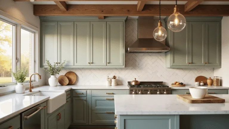 Photorealistic image of a luxurious modern farmhouse kitchen with sage green shaker cabinets, vintage brass hardware, and a white quartz waterfall island, illuminated by golden hour sunlight.