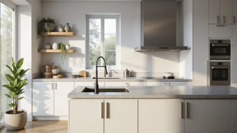 A sunlit modern Scandinavian kitchen featuring white IKEA SEKTION cabinets, a dove gray quartz island, stainless steel appliances, and warm wood accents, with minimalist decor and plants, shot in photorealistic detail.