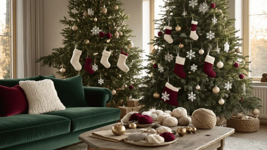 Cinematic wide shot of a luxurious Scandinavian living room at golden hour, featuring a 9-foot Fraser fir Christmas tree with handknitted ornaments, a plush forest green velvet sofa, a distressed oak coffee table with vintage knitting needles and colorful wool yarn, natural light streaming through large windows, and a warm fireplace glow, showcasing a cozy holiday atmosphere.