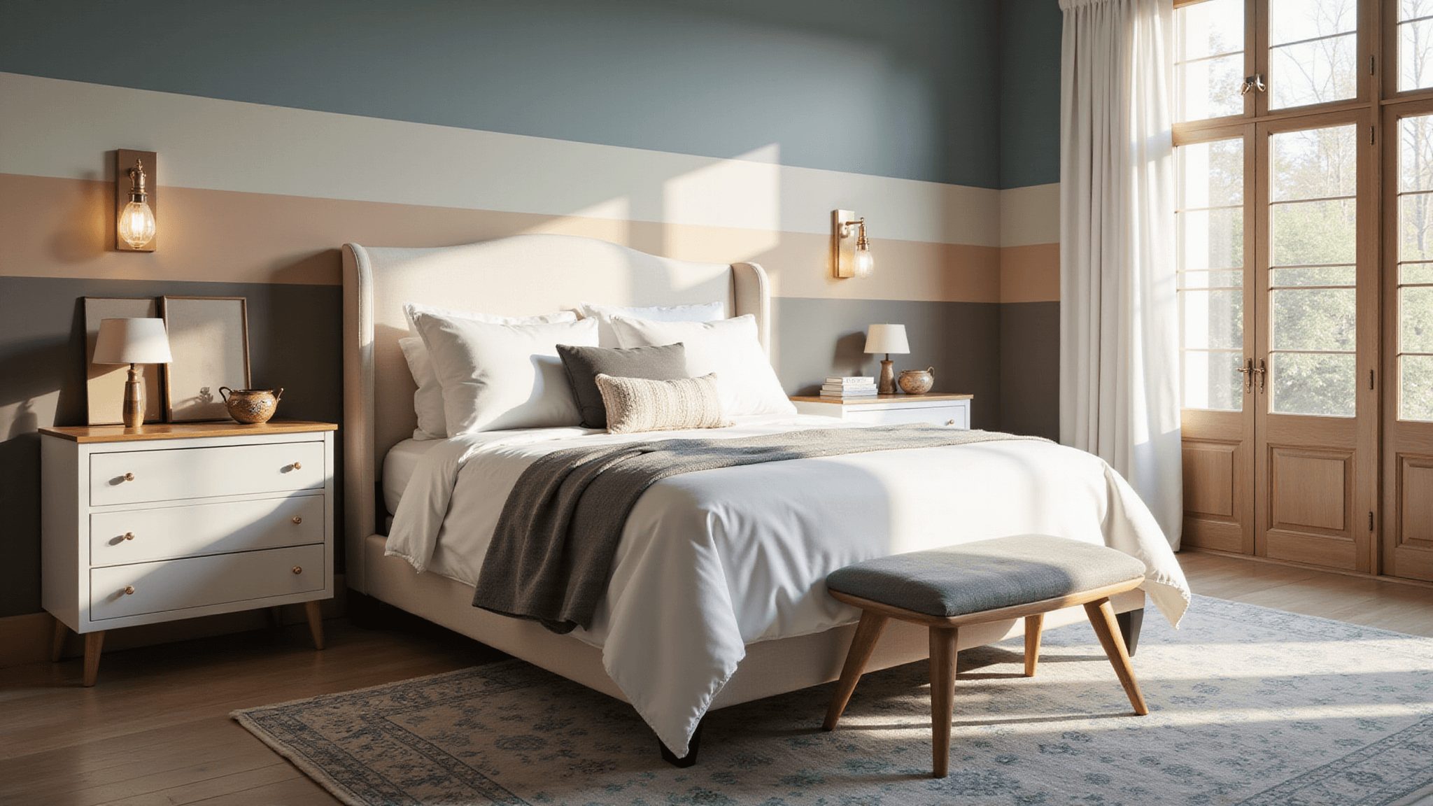Photorealistic image of a luxurious master bedroom during golden hour, featuring a king-sized bed with cream upholstered headboard, layered white and gray linens, and a gradient wall of designer paint samples. Modern brass sconces provide warm light, and a vintage Persian rug complements the space. The composition highlights texture and color transitions with a focus on depth and contemporary design.