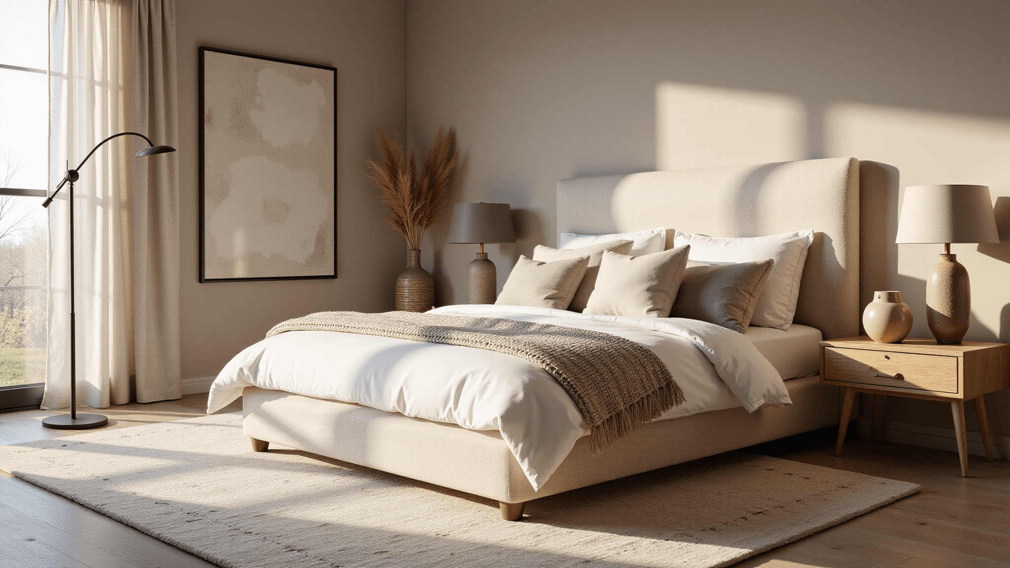 A luxurious neutral bedroom featuring a king-sized bed with layered textures, warm golden hour light from floor-to-ceiling windows, and a palette of creams, taupes, and soft greys, complemented by weathered oak nightstands and ceramic lamps.