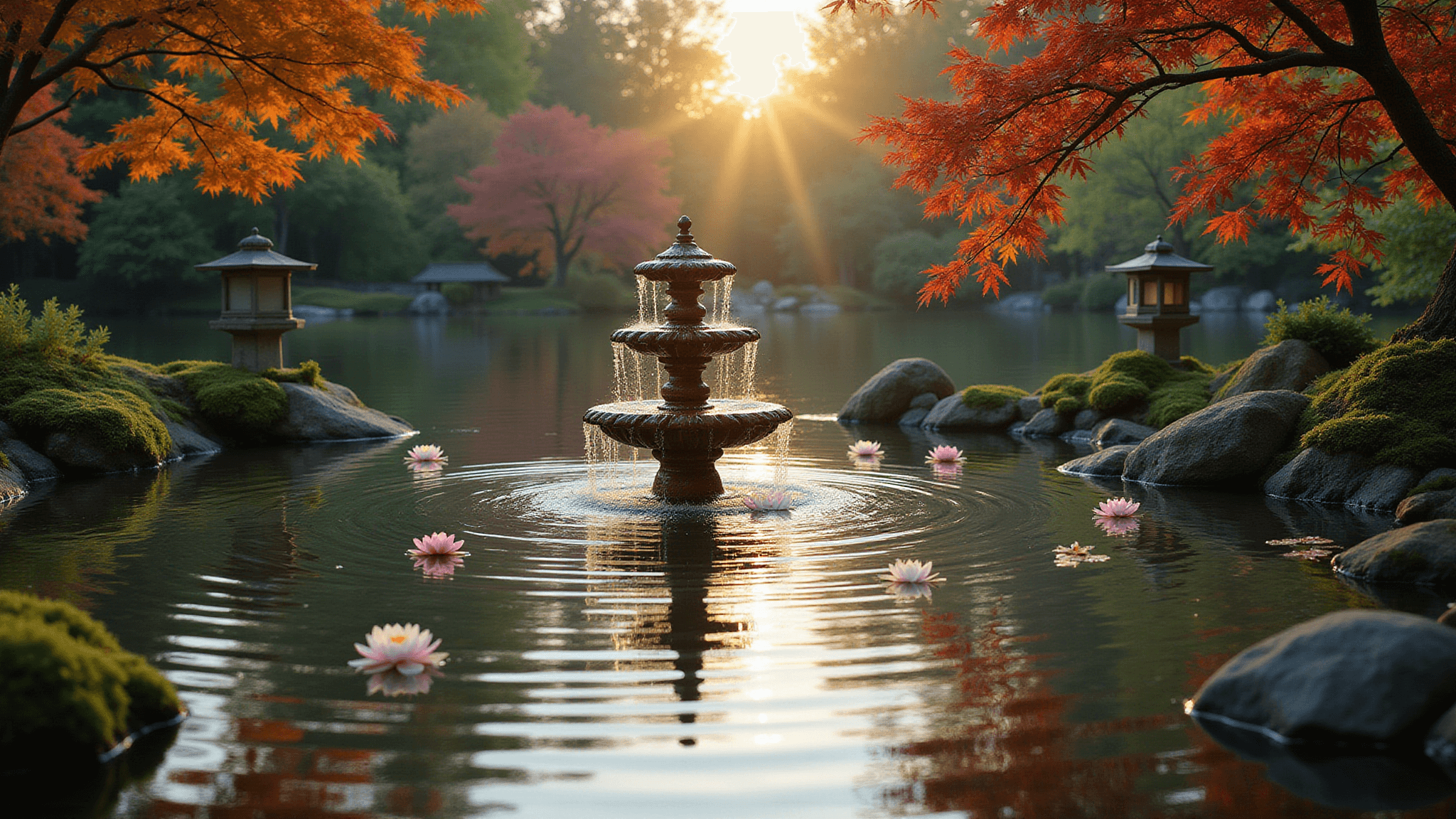 A tranquil Japanese garden pond at golden hour featuring a three-tier bamboo fountain, crystal-clear water droplets, floating pink and white water lilies, and vibrant Japanese maple trees, captured in hyperrealistic detail with a shallow depth of field.
