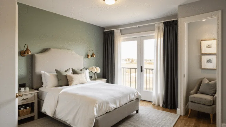 A serene luxury guest bedroom featuring a queen-size bed with a cloud-like white duvet and layered pillows, sage green accent wall, weathered brass sconces, and soft gray velvet upholstered headboard, illuminated by golden hour sunlight through sheer curtains, with wide-plank oak flooring and a welcome basket with luxe amenities.