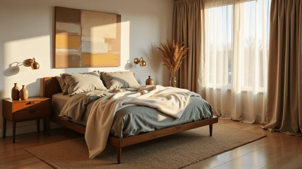 Crafting the Perfect Cozy Bedroom: A Comprehensive Styling Guide A serene mid-century modern bedroom bathed in golden light, featuring a platform bed with oatmeal and sage linens, vintage brass sconces, and a chunky cream wool throw. Natural light filters through sheer curtains, casting soft shadows on a handwoven jute rug over oak flooring. Minimalist walnut nightstands hold ceramic vessels with dried pampas grass, creating a calm and sophisticated atmosphere.