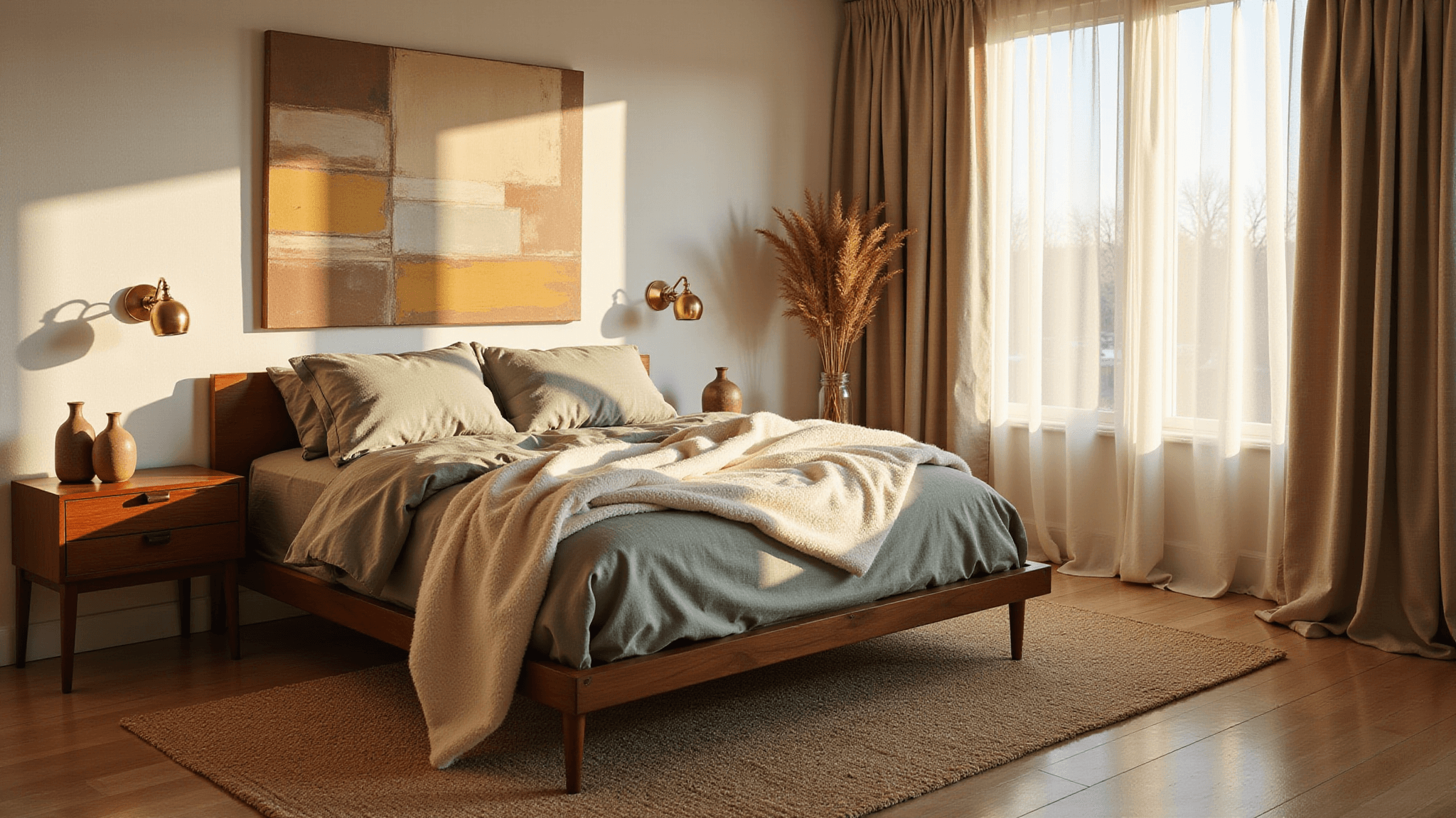 A serene mid-century modern bedroom bathed in golden light, featuring a platform bed with oatmeal and sage linens, vintage brass sconces, and a chunky cream wool throw. Natural light filters through sheer curtains, casting soft shadows on a handwoven jute rug over oak flooring. Minimalist walnut nightstands hold ceramic vessels with dried pampas grass, creating a calm and sophisticated atmosphere.