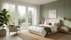 Bedroom Color Ideas: Transform Your Space with the Perfect Palette Photorealistic interior of a serene master bedroom featuring a king-sized bed, oatmeal linen headboard, white bedding with sage green and terracotta throws, warm white and sage green walls, light oak flooring with a jute rug, accent chairs, and stylish lighting, all bathed in soft morning sunlight.