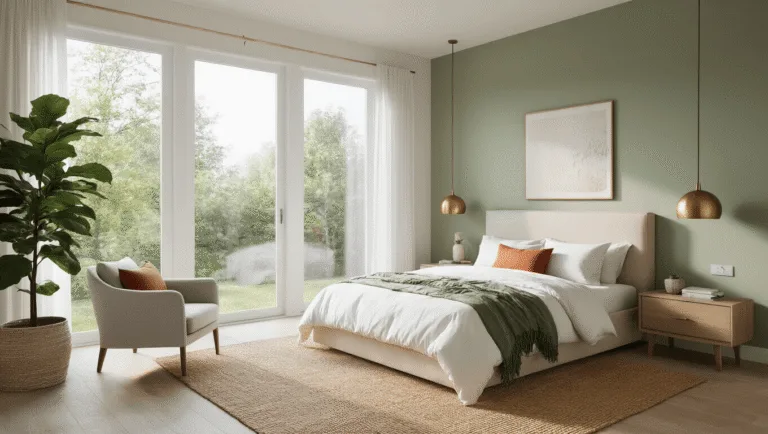 Photorealistic interior of a serene master bedroom featuring a king-sized bed, oatmeal linen headboard, white bedding with sage green and terracotta throws, warm white and sage green walls, light oak flooring with a jute rug, accent chairs, and stylish lighting, all bathed in soft morning sunlight.