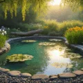 A tranquil garden pond at golden hour, featuring a kidney-shaped pond with pebble edges, native iris, marsh marigolds, and floating water lilies, surrounded by weathered oak logs and stone steps. Dappled sunlight creates dynamic light patterns on the water's surface, with a single dragonfly hovering above and soft mist rising in the background. Rich colors of deep aqua, emerald green, and warm honey tones enhance the serene atmosphere.