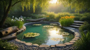 Create a Stunning Wildlife Pond: Your Ultimate DIY Garden Sanctuary A tranquil garden pond at golden hour, featuring a kidney-shaped pond with pebble edges, native iris, marsh marigolds, and floating water lilies, surrounded by weathered oak logs and stone steps. Dappled sunlight creates dynamic light patterns on the water's surface, with a single dragonfly hovering above and soft mist rising in the background. Rich colors of deep aqua, emerald green, and warm honey tones enhance the serene atmosphere.