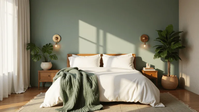 A serene sage green bedroom illuminated by golden hour sunlight, featuring a king-size bed with white Egyptian cotton sheets, vintage brass sconces, a large monstera plant, and a Persian rug, all captured in soft focus to highlight the interplay of light and texture.