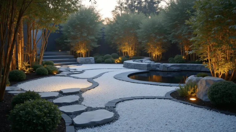 A serene Japanese-inspired garden at golden hour, featuring white marble gravel paths in concentric circles, charcoal gray stone borders, bamboo shadows, warm copper lights, and a black granite water feature surrounded by cloud-form boxwoods and ferns, with mist and sunset-filtered light creating a tranquil atmosphere.