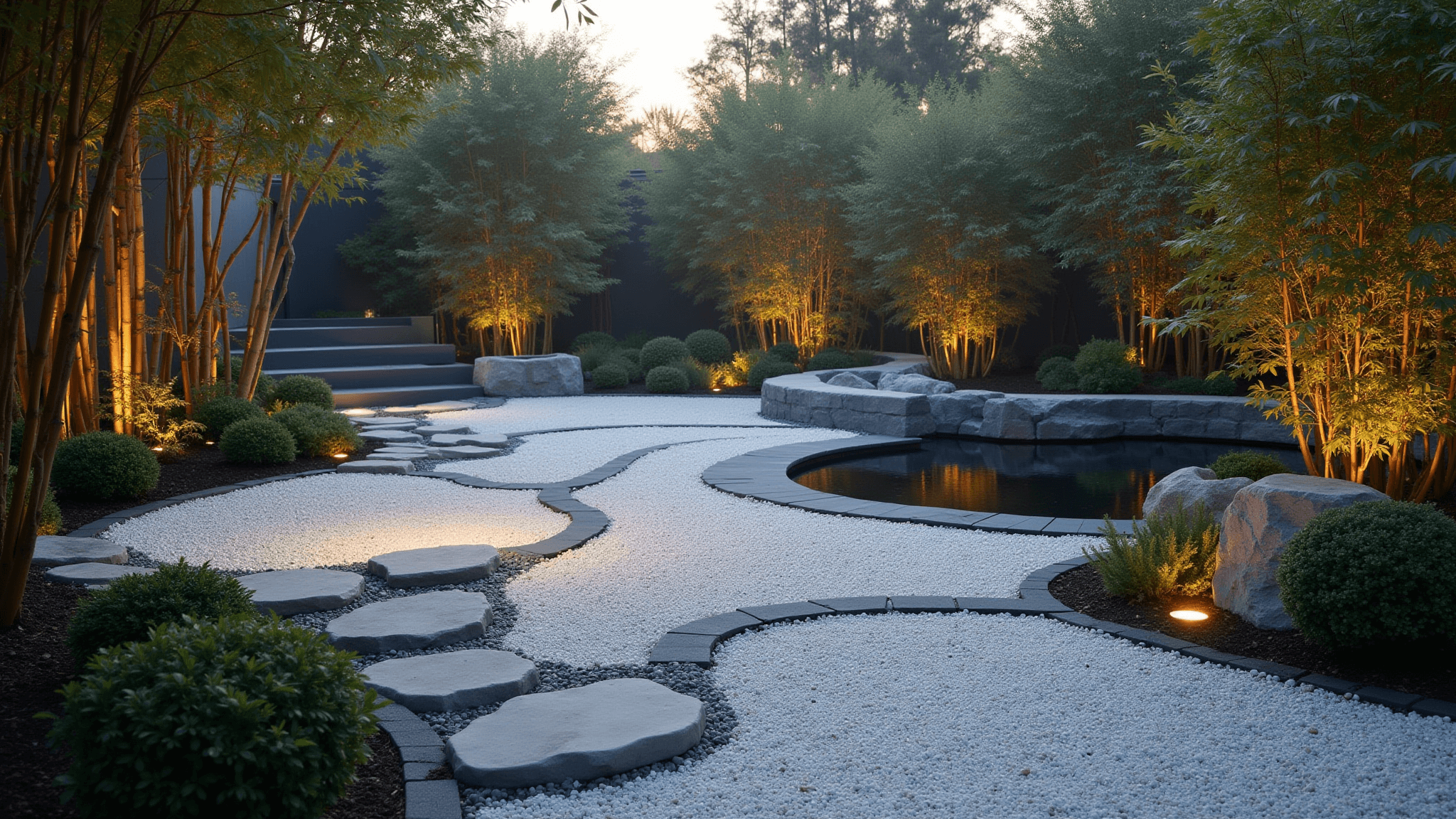 A serene Japanese-inspired garden at golden hour, featuring white marble gravel paths in concentric circles, charcoal gray stone borders, bamboo shadows, warm copper lights, and a black granite water feature surrounded by cloud-form boxwoods and ferns, with mist and sunset-filtered light creating a tranquil atmosphere.