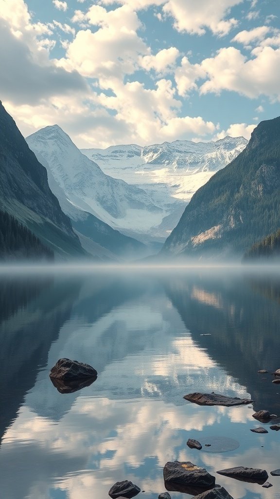 A serene mountain landscape with snow-capped peaks reflecting in a calm lake under a blue sky with fluffy clouds.