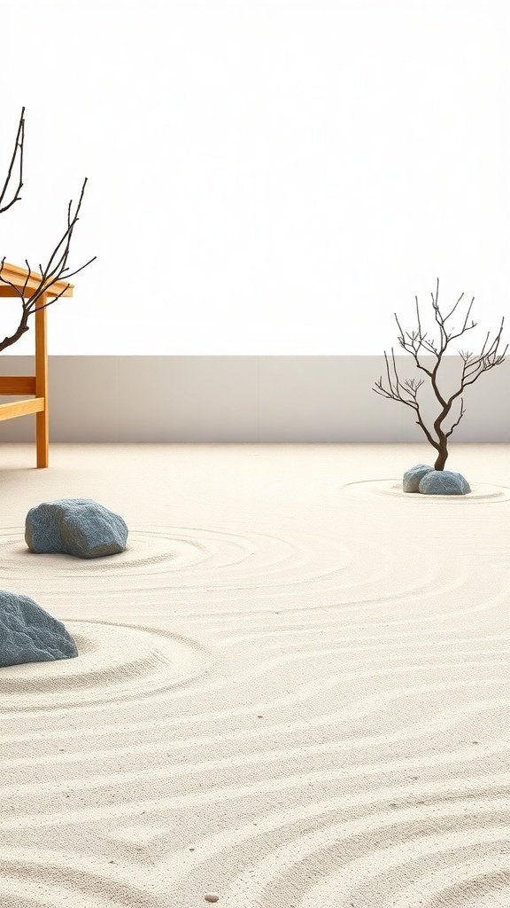A serene Zen garden with smooth sand, rocks, and minimalistic trees.