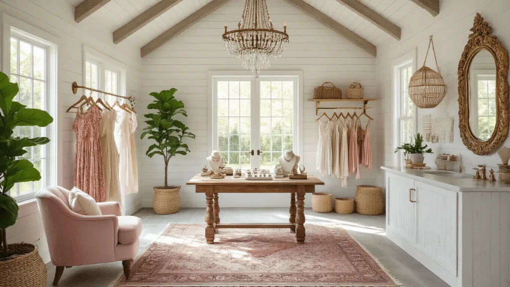 Sunlit boutique transformation of a garden shed featuring whitewashed walls, a vaulted ceiling, vintage farmhouse table with jewelry, bohemian dresses on brass racks, and a cozy blush pink velvet armchair, all embellished with natural elements and soft lighting.